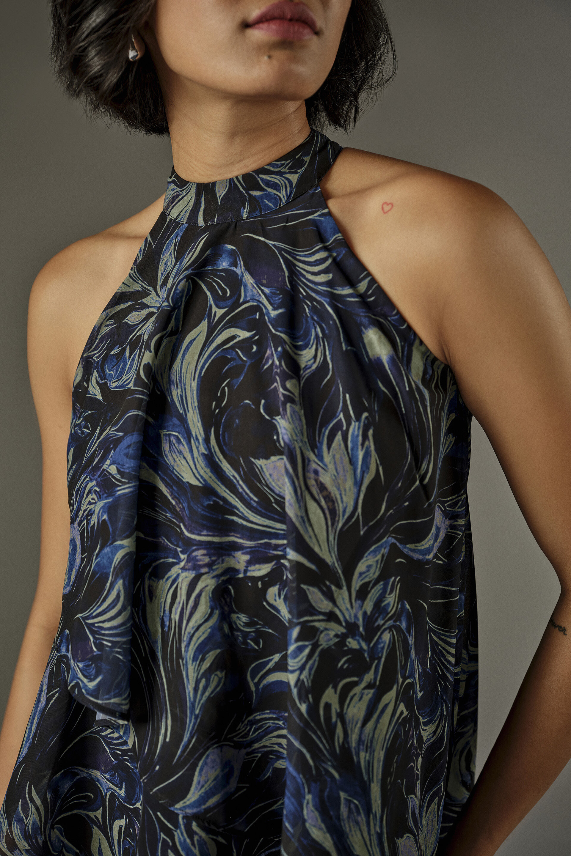 Asymmetric Abstract Print Halter Top in Blue, Blue, image 4